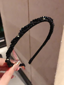 Elegant Black Crystal Thin Headband Hepburn Style Fashionable High-End Sensation Versatile Hairband Clip for All Hair Types