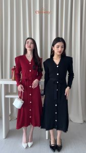 Clouwny Melita Button Belt Dress Wanita Premium Knitt Fit to XXL