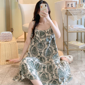 Váy Ngủ Ren Mỏng Bằng Vải Lụa Cotton Mùa Hè Cho Nữ Váy Đi Biển Quần Áo Mặc Nhà Váy Ngủ Ren Không Dây in Họa Tiết Hoa