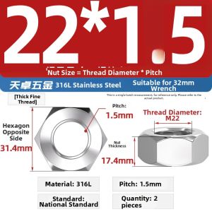 TIANZHUOJINSHU | 316L Stainless Steel Hexagonal Fine Pitch Nut