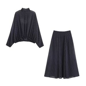 Womens Polka Dot Blouse Skirt Set 2026 Spring High Neck Batwing Sleeve Sheer Front Tie Bow Midi A-Line Dress Set