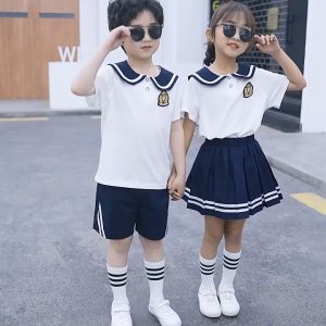ชุดนักเรียนอนุบาลหญิง ชุดนักเรียนชุดนักเรียนประถมสไตล์อังกฤษ ชุดนักเรียนผ้าฝ้ายแขนสั้นเด็กชุดสองชิ้น 2382