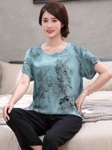 Elderly Womens Summer Short Sleeve Silk Cotton Pajamas Set Comfortable Home Clothes Floral Print round Neck Sleepwear Set