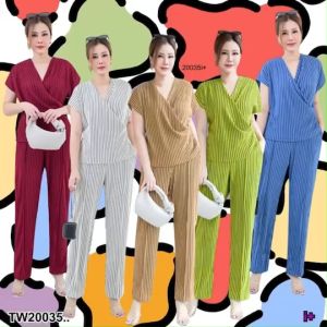 TW20035 set 2 ชิ้น #สาวอวบ เซทเสื้ออกไขว้ คอถ่วง + กางเกงขายาว ทรงกระบอก ..