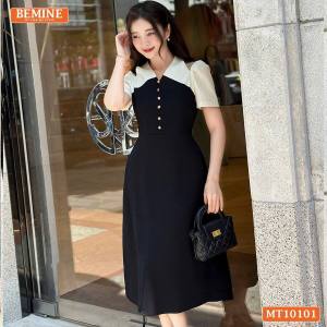 Đầm thiết kế BEMINE cổ V khoét vai đính cúc dáng chữ A phù hợp đi làm-MT10101