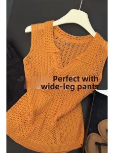V.C.I | Retro Casual Knit Vest Orange Hollow Out V Neck Polo Collar Sleeveless Top