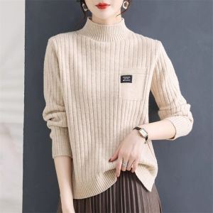 Thickened Woolen Sweater Fashionable Overhead Knitted Shirt Womens Base Layer Top Half High Collar Long Sleeve Commute Style