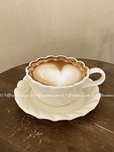 French Style Ceramic Coffee Cup with Saucer Cream Color Latte Art Atmosphere Sense Dining Utensils Handmade Casual Scene