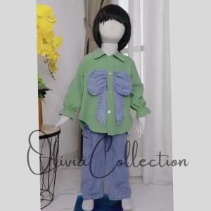 Lavana Set Jeans Wash Buffy Anak Perempuan Import Terbaru 2023 Usia 3 - 10 Tahun Oneset Lavana Jeans Wash Mix Crinkle Crop Top Tali Pita Variasi Dasi Kupu Kupu Pita Anak Perempuan Celana Kulot Cargo Jeans