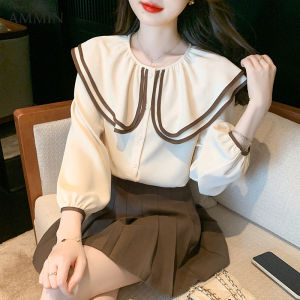 AMMIN Áo Voan Thanh Lịch Dài Tay Khâu Cổ Búp Bê Hai Lớp Mới Xuân Thu 2023 Áo Cánh Cổ Tròn Tay Phồng Phong Cách Hàn Quốc Cho Nữ