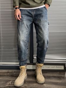 Trendy Harajuku Style Mens Jeans Loose Straight Leg Workwear Trousers Spring Autumn Casual Wear Durable Polyester Blend