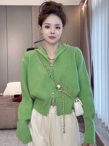 European Goods Idle Style Soft Glutinous Zipper Hooded Sweater Coat Female Fall Winter Fashion Youthful Short Knitted Cardigan Top