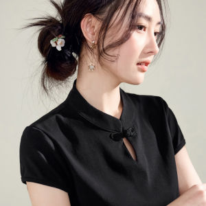 Chinese Style Loose Fit Cotton T-Shirt Womens Short Sleeve Pure Cotton Summer New Vintage Design Collar Stand up Top
