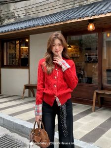 plus Size Red Knitted Long Sleeve Sweater Christmas New Year Atmosphere Womens Autumn Winter New Plaid Splicing Open Cardigan