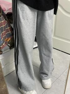 กางเกงขายาวทรงหลวมเอวสูงสำหรับผู้หญิง ฤดูใบไม้ผลิและฤดูใบไม้ร่วง กางเกงวอร์มผ้าฝ้ายผสมขนแกะ กางเกงขายาวทรงหลวมสบายๆ สไตล์อเมริกัน