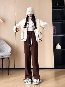 Womens Narrow Wide Leg Fleece Pants with Lamb Wool