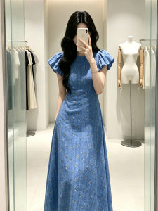Ge·an·fei | Retro Flared Sleeves Blue Floral Long Dress Slimming