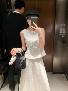 VKSOD | French Elegant White Sleeveless Short Top Womens Summer New Loose Slimming Half Skirt Two-Piece Set Round Neck Other 100% Material