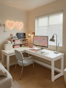 Cream Style Corner Computer Desk Bookshelf