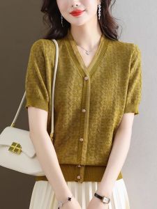 Elegant V-Neck Lace Knitted Ice Silk Short Sleeve T-Shirt Womens Summer Thin Fashion Top Casual Commute Style Korean Loose Fit