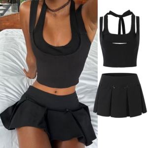 ชุดกระโปรงจับจีบสีดำติดโบว์สาวแซ่บ iamgia หวานแหววมากๆชุดกระโปรงใส่แล้วดูผอมแบบปะต่อผ้าตาข่าย