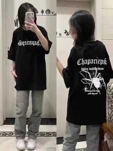 Womens Short Sleeve American High Street Pure Cotton T-Shirt Shoulder Width Regular Fit Summer Oversize Top for Junior High School Students