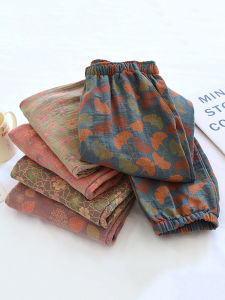 ผู้หญิง Pure ผ้าฝ้าย Gauze Sleep กางเกง หลวม ชุดอยู่บ้านแบบบาง ฤดูร้อน ป้องกันยุงเอวกลาง ลำลอง ลายดอกไม้จากพืช กางเกง