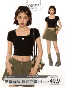 Áo Thun Nữ Ôm Vừa Vặn Cổ Vuông Tay Ngắn Mùa Hè Màu Đen Cạp Cao Hở Bụng Phong Cách Ngọt Ngào Và Cay Nồng Jazz