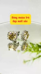 Bông tai bạc xi bạch kim moissanite Mỹ 58 giác cắt màu trà 8mm Khuyên tai nữ bạc Kim cương nhân tạo Hoa tai bạc thật mạ vàng trắng - KIM LỘC PHÁT