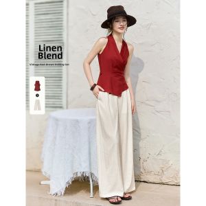 MOHANYIMEI | Bohemian Linen Off-shoulder Waist-tie Loose Trousers Suit