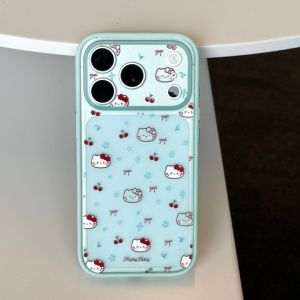 Sanrio | Cute Mint Green Cherry Hello Kitty Phone Case for iPhone 17 16 15 Pro Max Sanrio Shockproof Protect Acrylic Hard Cover for Girls