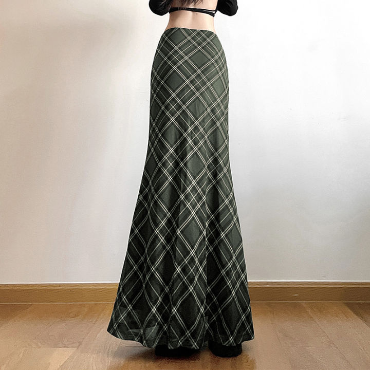 Cutenew Vintage Retro Plaid Print High Waist Maxi Skirts Women