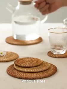 Round Woven Rattan Cup Pad Heat Insulation Pad Table Placemat Bowl Pod Mat Dining Coaster Kitchen Dinnerware Tableware