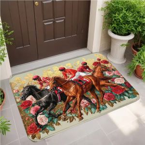 VIKAMA Horse Racing Jockey Red Rose Gold Leaf Art Flannel Door Mat Non Slip Entryway Bedroom Living Room Home Decor Cozy Room
