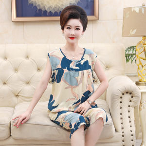 Middle-Aged and Elderly Pajamas Summer Cotton Silk Female Middle-Aged Ladieswear Cotton Sleeveless Tank Top Homewear Thin Suit Plus Size