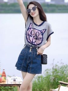 เสื้อยืดแขนสั้นผู้หญิง ทรงหลวม สไตล์เกาหลี ลายพิมพ์ ผ้าโพลีเอสเตอร์ ความยาวปกติ เสื้อเชิ้ตแฟชั่นฤดูร้อน