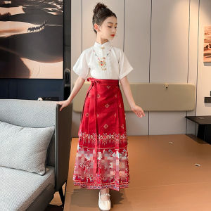 Girls Cheongsam Dress Traditional Chinese Style Half Skirt Two-Piece Set Autumn Fashionable Cotton Blend Short Sleeve Midi Dress