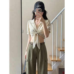 YUEZHONGWEI | Áo Sơ Mi Ngắn Tay Hoa Văn Pháp Dạng Ngắn Stylish