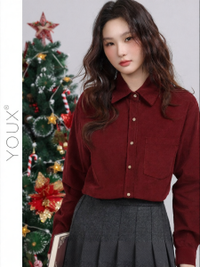 YOUXIANG | Áo Sơ Mi Cổ Polo Màu Đỏ Phong Cách Retro Cho Phụ Nữ