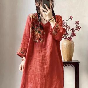 Embroidered Retro Ethnic Style Cotton Linen Dress