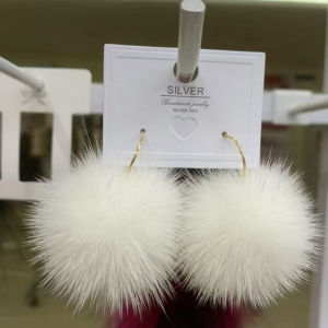 Elegant Pure Silver Fox Fur Ball Earrings Feminine Stylish Plush Drop Earrings Fashionable Original Design Jewelry Accessories