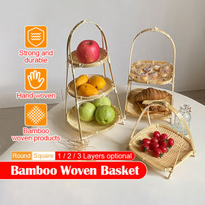 Bamboo Tray Storage Bamboo Food Display Layer Multi-functionHand Handwoven Fruit Basket 1/2/3 Bakul Rotan Bertingkat 编织水果篮 竹制托盘