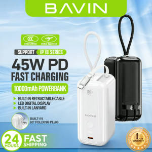 (CCC) BAVIN PC1218S 2in1 Portable 10000mAh 45W PD Fast Charging Powerbank w/ Built-in Retractable Type-C Cable + AC Plug