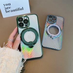 เคส iPhone 15 14 13 12 11 Pro Max X XR 7 8 15 14 Plus เคสคาร์บอนไฟเบอร์ที่ใส่เกราะกันกระแทกเลเซอร์โปร่งใสขาตั้งฝาหลังโทรศัพท์