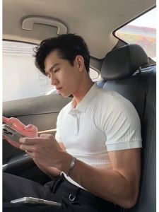 Summer Polo Shirt Collar Stripes Short Sleeve Mens Silm Lightly Mature Trendy Mens Half Sleeve Pure Color Casual Tops T-Shirt