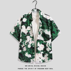 เสื้อเชิ้ตแขนสั้นผ้าไหมน้ำแข็งสำหรับผู้ชาย แห้งเร็ว ทรงหลวม ไซส์ใหญ่ พิมพ์ลาย ขาสั้นชายหาด ชุดสองชิ้น เทรนด์แฟชั่นฤดูร้อน