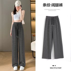 Summer Ice Silk Stripe Wide Leg Pants Womens Slim Straight High Waist Black White Stripe Casual Pants Drapey Floor-Length