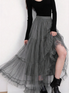 Spring Grey Tulle Pleated High Waist Comfortable Loose Fitting Long Half Skirt