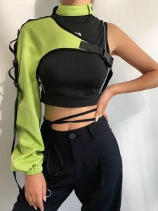 Mens and Womens Same Hip-hop Disco Jumping Equipment Adjustable Buckle Hanging Neck Reflective Shoulder Sleeve Lace-up Half Sleeve Top Performance Dress