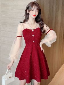 French Style Wine Red Bridal Dress Wedding Reception Suit Small Size Return Home Clothes Womens Fashion Polyester Fiber